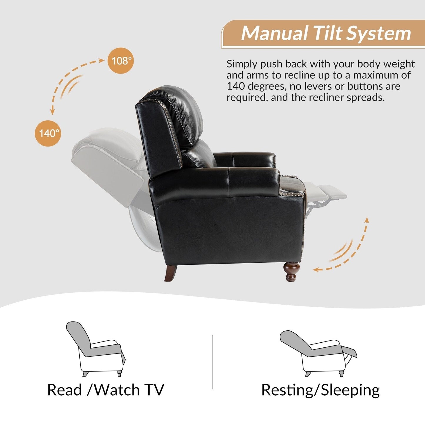 Poltrona reclinabile Gabriela Mid-Century Modern in vera pelle con piedini a blocco affusolati di HULALA HOME