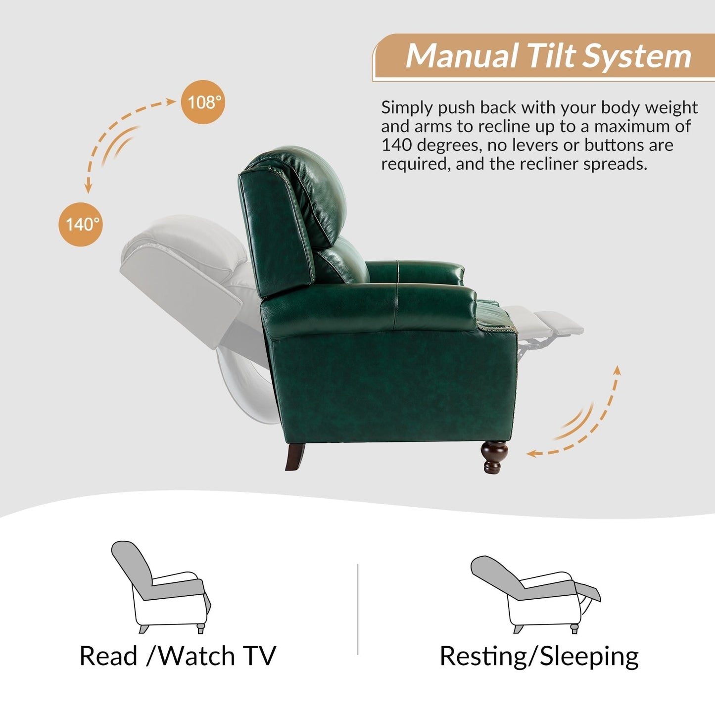 Poltrona reclinabile Gabriela Mid-Century Modern in vera pelle con piedini a blocco affusolati di HULALA HOME