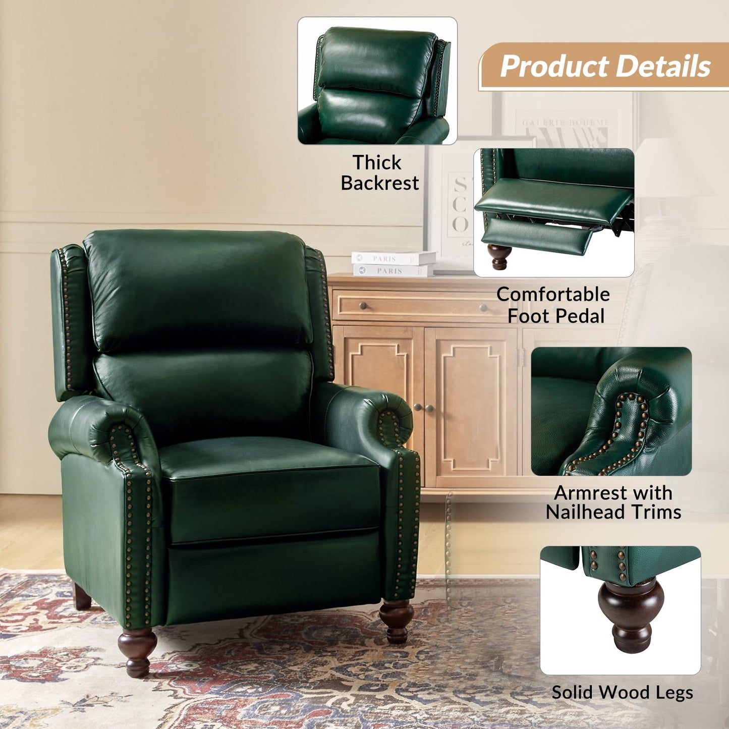 Poltrona reclinabile Gabriela Mid-Century Modern in vera pelle con piedini a blocco affusolati di HULALA HOME