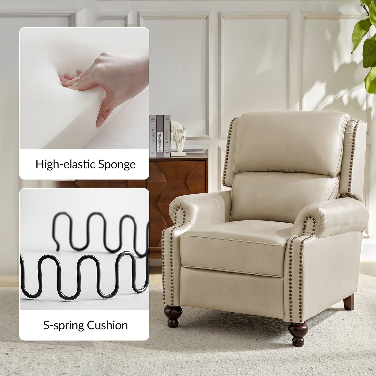 Poltrona reclinabile Gabriela Mid-Century Modern in vera pelle con piedini a blocco affusolati di HULALA HOME