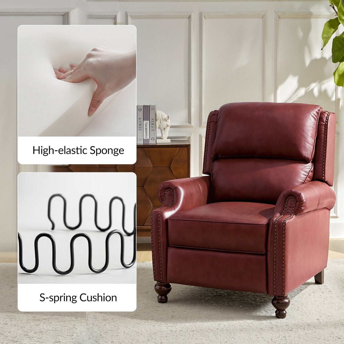 Poltrona reclinabile Gabriela Mid-Century Modern in vera pelle con piedini a blocco affusolati di HULALA HOME