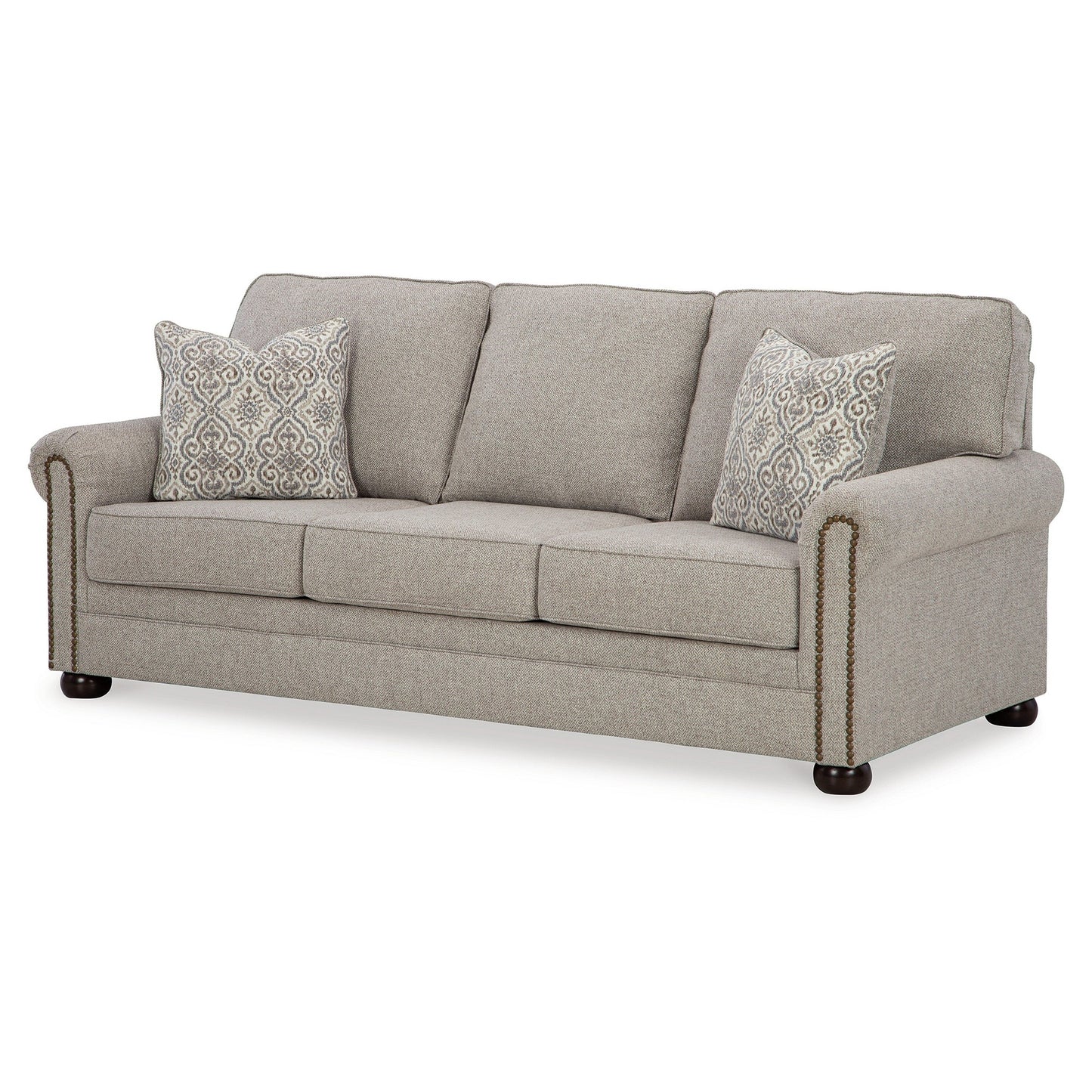 Divano Gael, poliestere grigio beige, finiture con borchie marrone scuro, 87 pollici