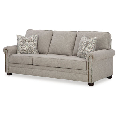 Divano Gael, poliestere grigio beige, finiture con borchie marrone scuro, 87 pollici