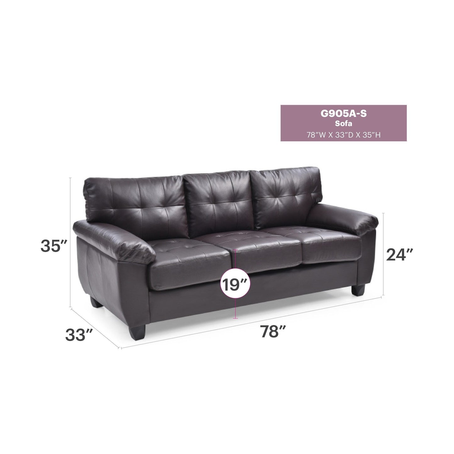 Divano dritto Gallant da 78 pollici con braccioli svasati in similpelle - 33L x 78W x 35H