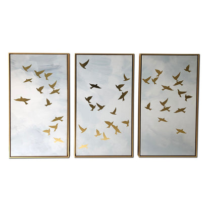 Set di 3 stampe di uccelli dorati su tela galleggiante dorata con cornice decorativa da parete