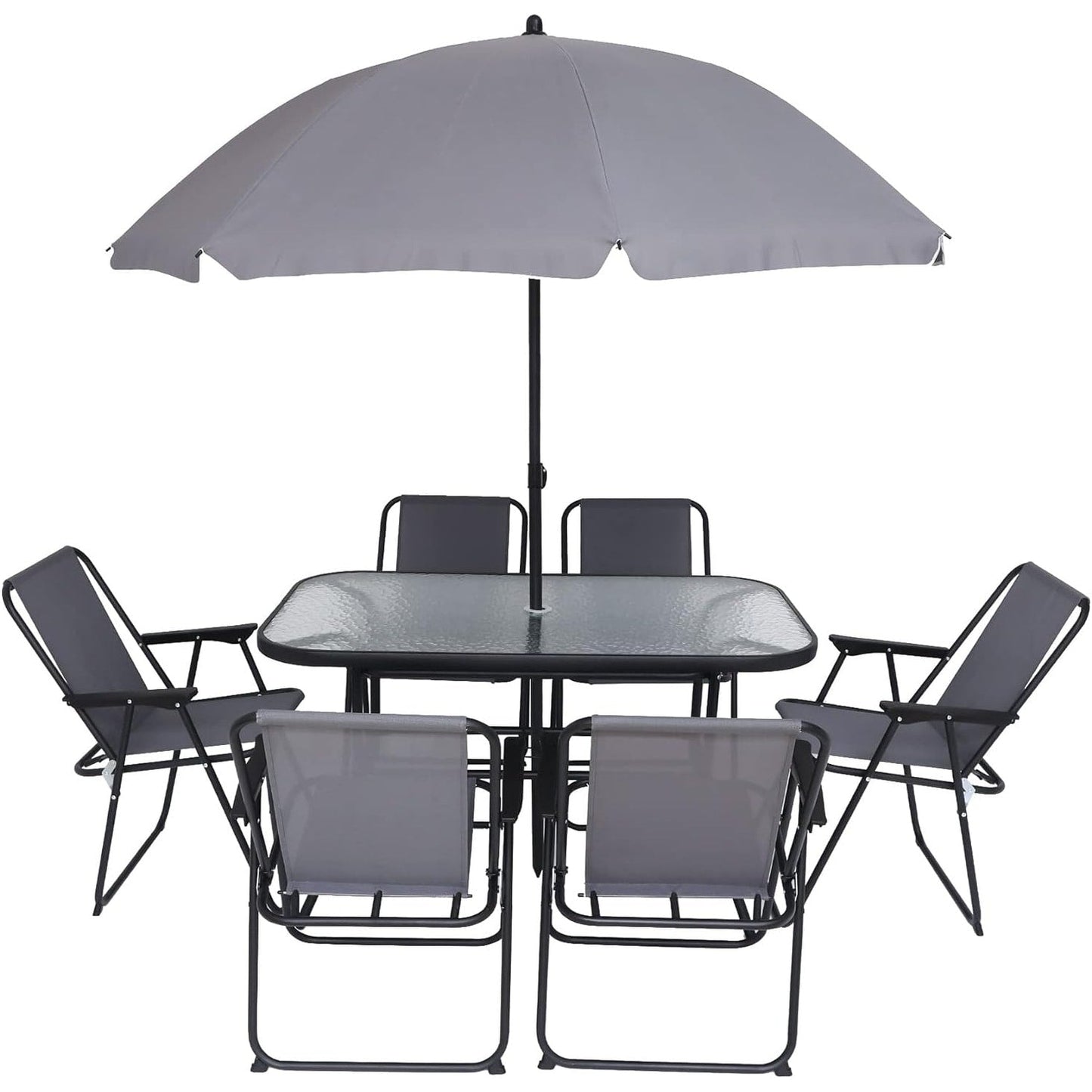 Set di mobili da giardino e patio, set da pranzo per esterni da 8 pezzi con ombrellone, 6 sedie pieghevoli, 1 tavolo rettangolare in vetro temperato