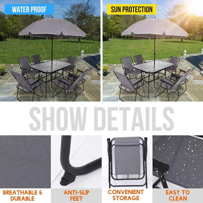 Set di mobili da giardino e patio, set da pranzo per esterni da 8 pezzi con ombrellone, 6 sedie pieghevoli, 1 tavolo rettangolare in vetro temperato