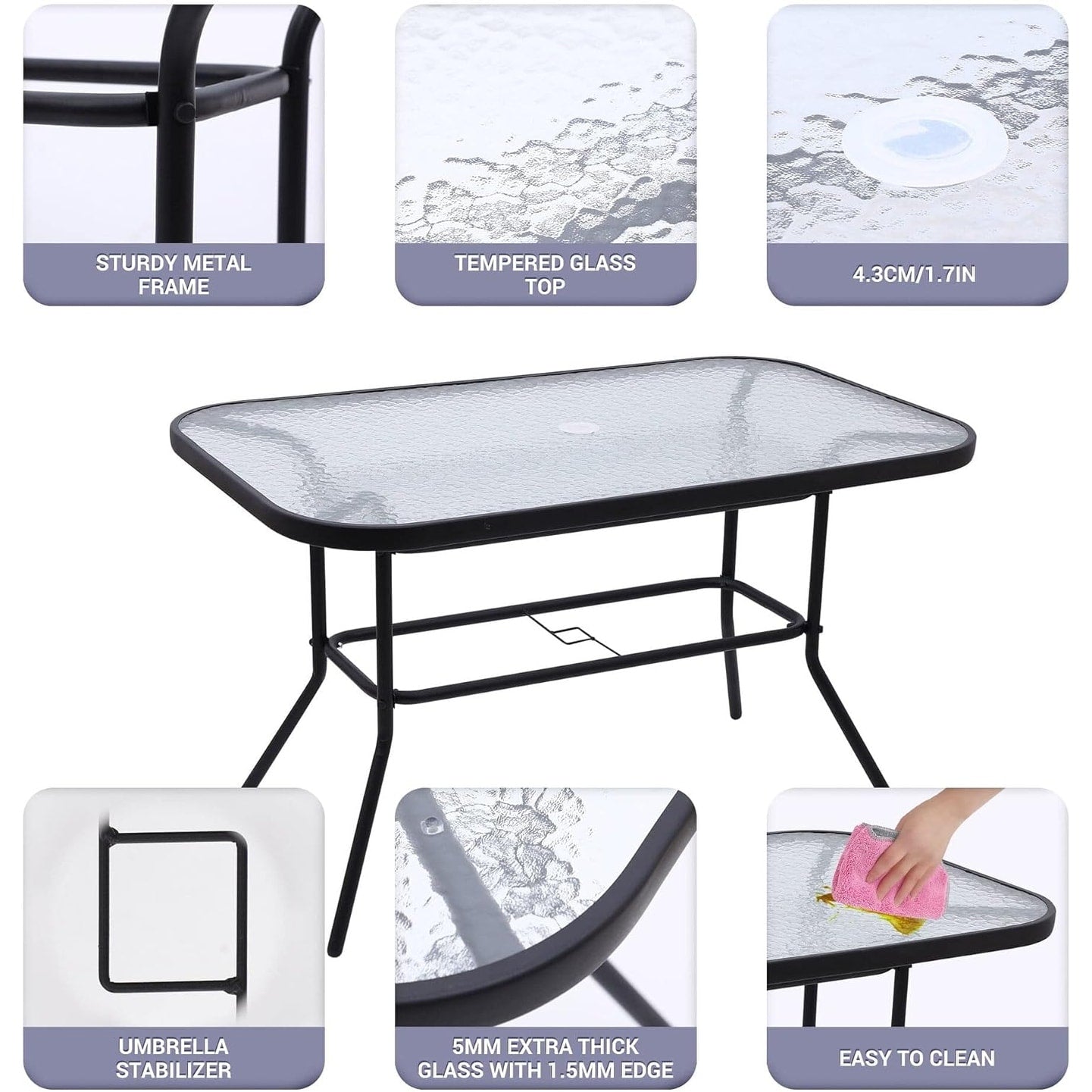 Set di mobili da giardino e patio, set da pranzo per esterni da 8 pezzi con ombrellone, 6 sedie pieghevoli, 1 tavolo rettangolare in vetro temperato