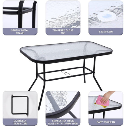 Set di mobili da giardino e patio, set da pranzo per esterni da 8 pezzi con ombrellone, 6 sedie pieghevoli, 1 tavolo rettangolare in vetro temperato