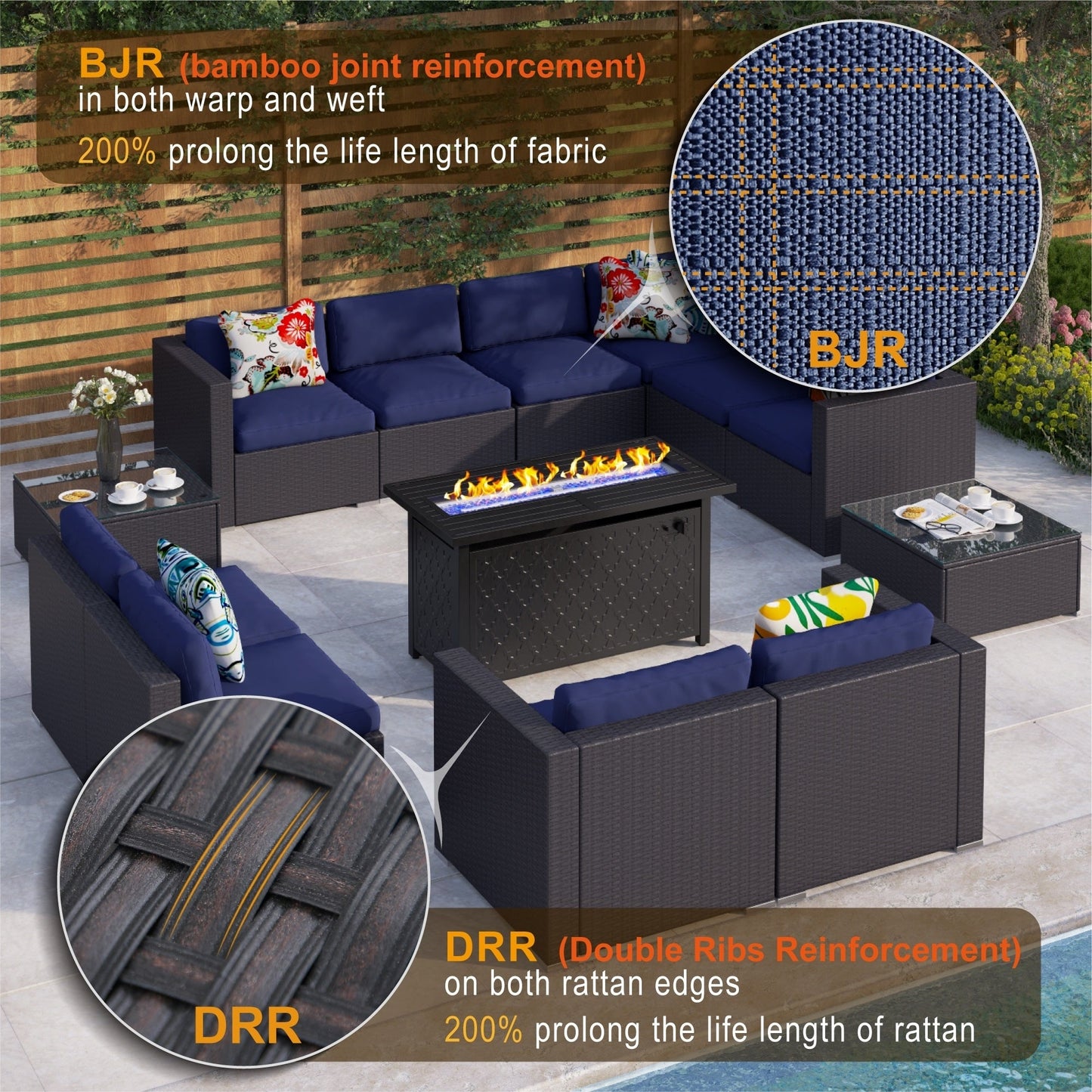 Set da conversazione per patio esterno Gariau in rattan/vimini da 13 pezzi con 2 tipi di tavoli per braciere a gas di Havenside Home