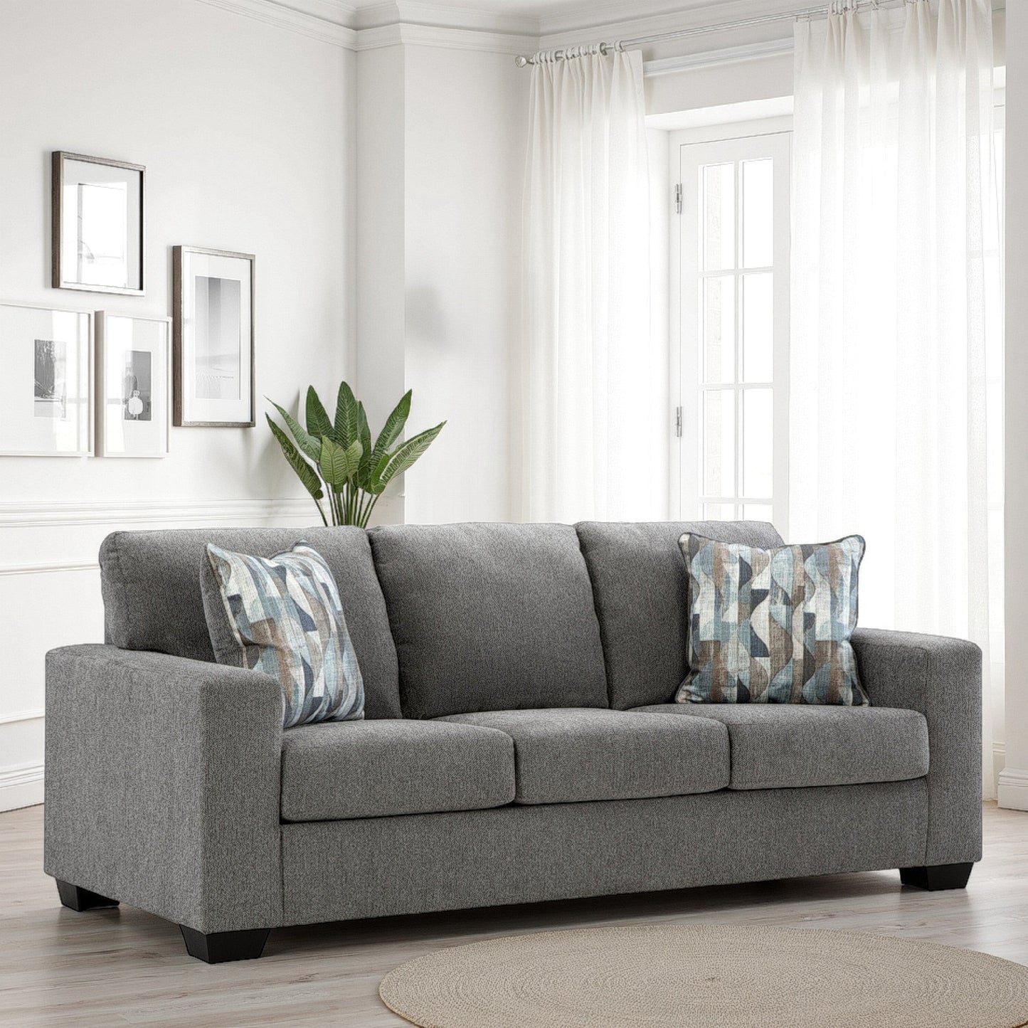 Divano Gavin, poliestere grigio, cuscini morbidi, 2 cuscini decorativi, 85 pollici