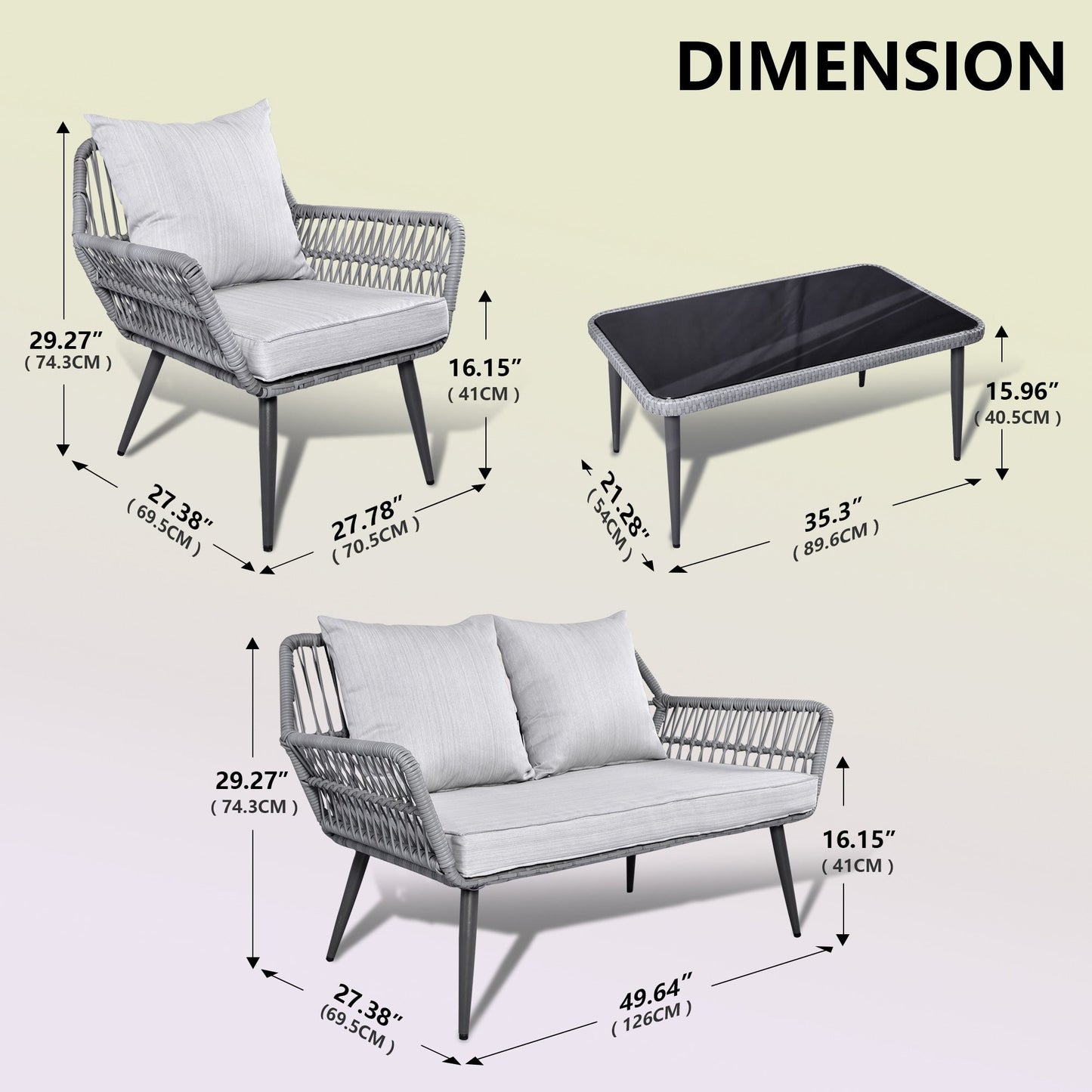 Set di mobili da giardino da 4 pezzi, set da conversazione in vimini per veranda, divano in rattan grigio con cuscino e tavolo