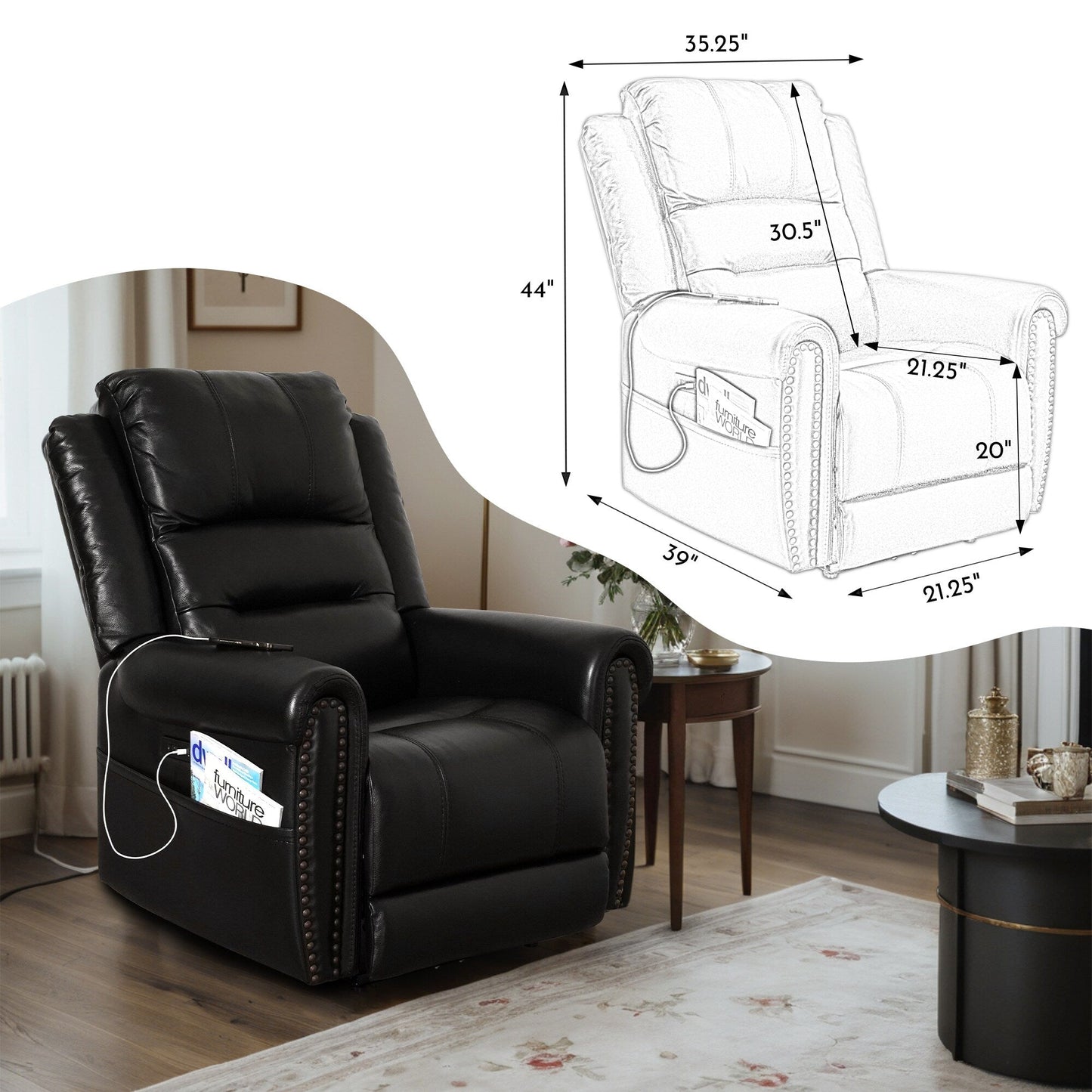 Divano reclinabile elettrico in vera pelle nera, divano a due posti, poltrona reclinabile con poggiatesta regolabile e poggiapiedi estensibile