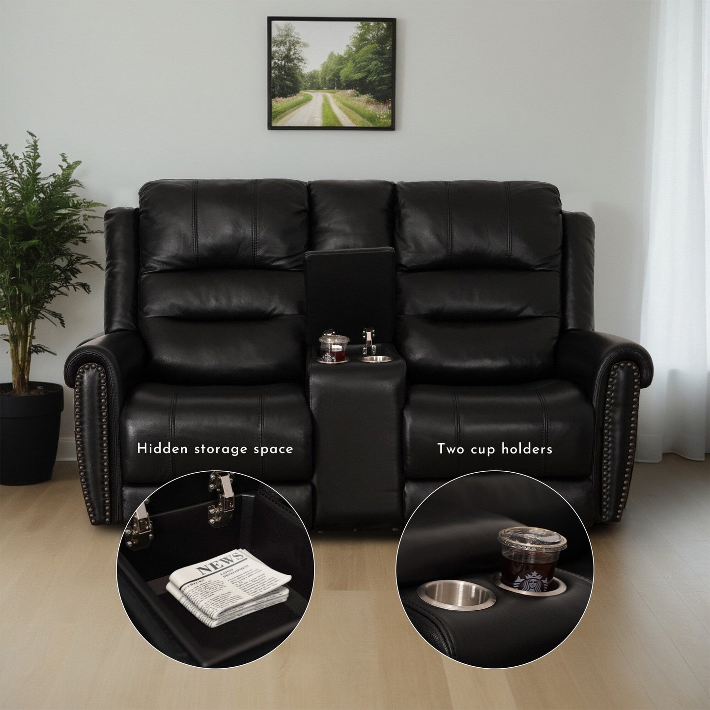 Divano reclinabile elettrico in vera pelle nera, divano a due posti, poltrona reclinabile con poggiatesta regolabile e poggiapiedi estensibile