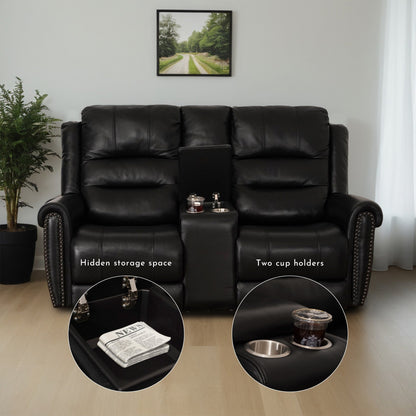 Divano reclinabile elettrico in vera pelle nera, divano a due posti, poltrona reclinabile con poggiatesta regolabile e poggiapiedi estensibile