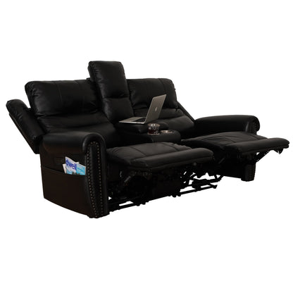 Divano reclinabile elettrico in vera pelle nera, divano a due posti, poltrona reclinabile con poggiatesta regolabile e poggiapiedi estensibile