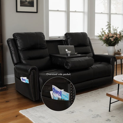 Divano reclinabile elettrico in vera pelle nera, divano a due posti, poltrona reclinabile con poggiatesta regolabile e poggiapiedi estensibile