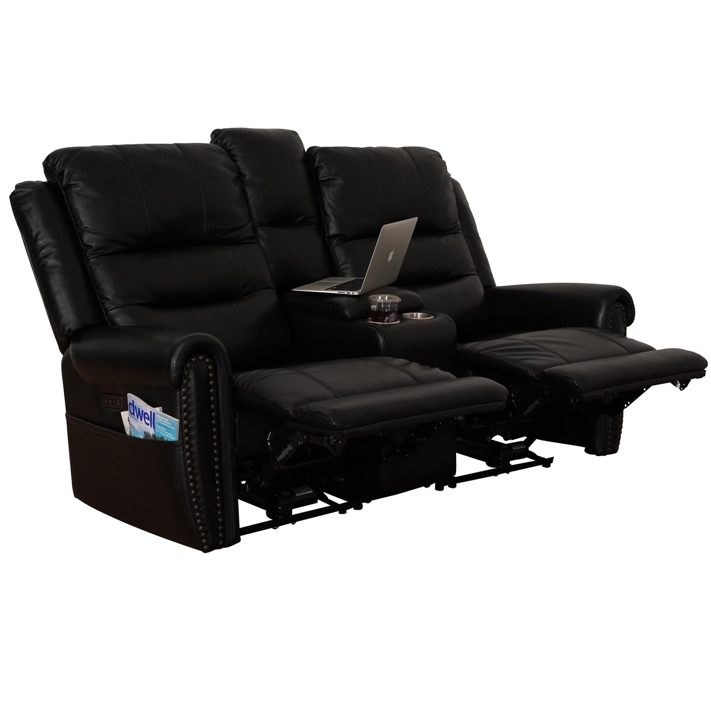Divano reclinabile elettrico in vera pelle nera, divano a due posti, poltrona reclinabile con poggiatesta regolabile e poggiapiedi estensibile