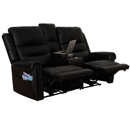 Divano reclinabile elettrico in vera pelle nera, divano a due posti, poltrona reclinabile con poggiatesta regolabile e poggiapiedi estensibile