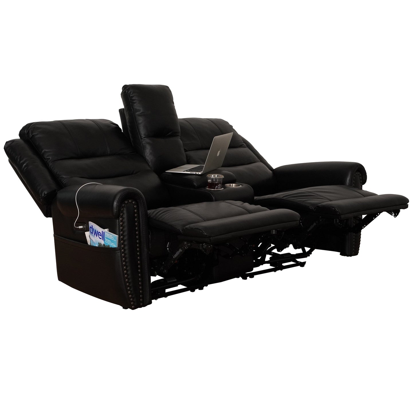 Divano reclinabile elettrico in vera pelle nera, divano a due posti, poltrona reclinabile con poggiatesta regolabile e poggiapiedi estensibile