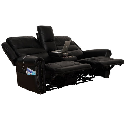 Divano reclinabile elettrico in vera pelle nera, divano a due posti, poltrona reclinabile con poggiatesta regolabile e poggiapiedi estensibile
