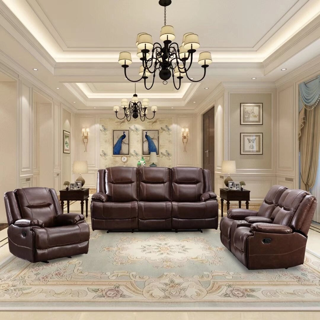 Set di divani reclinabili manuali in vera pelle in stile moderno di metà secolo