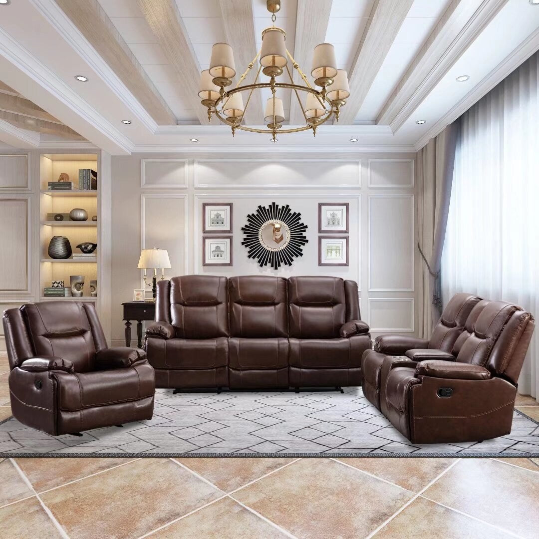 Set di divani reclinabili manuali in vera pelle in stile moderno di metà secolo