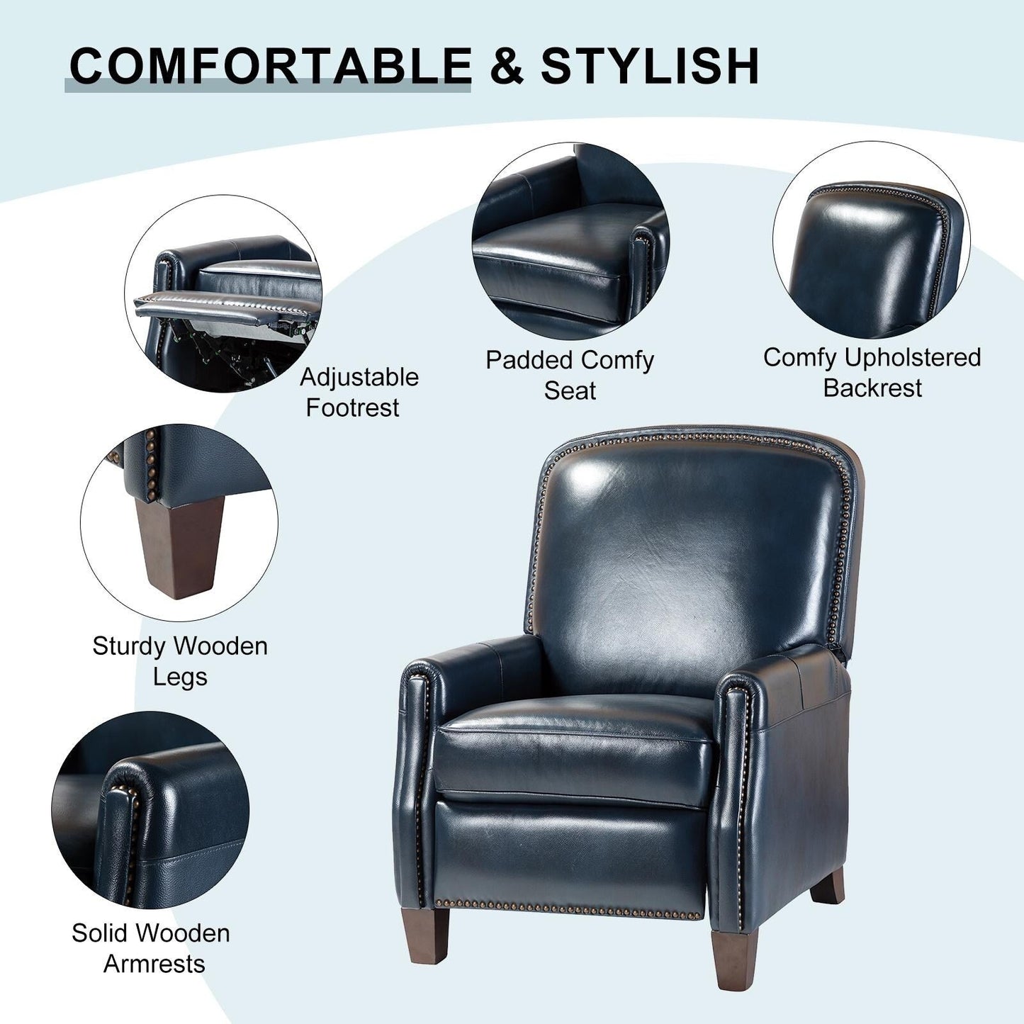 Poltrona reclinabile Gladis Modern Retro in vera pelle con finiture a borchie di HULALA HOME