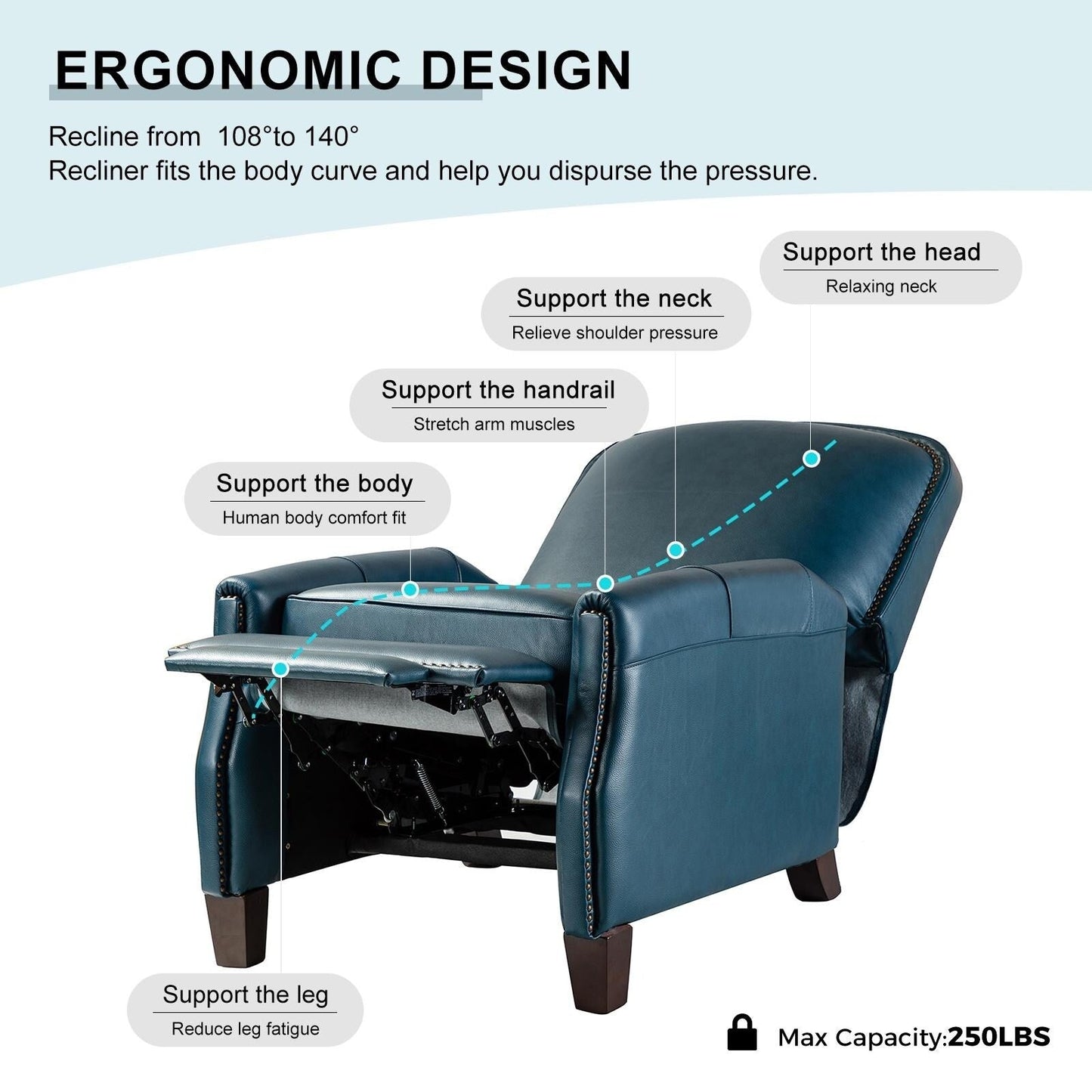 Poltrona reclinabile Gladis Modern Retro in vera pelle con finiture a borchie di HULALA HOME