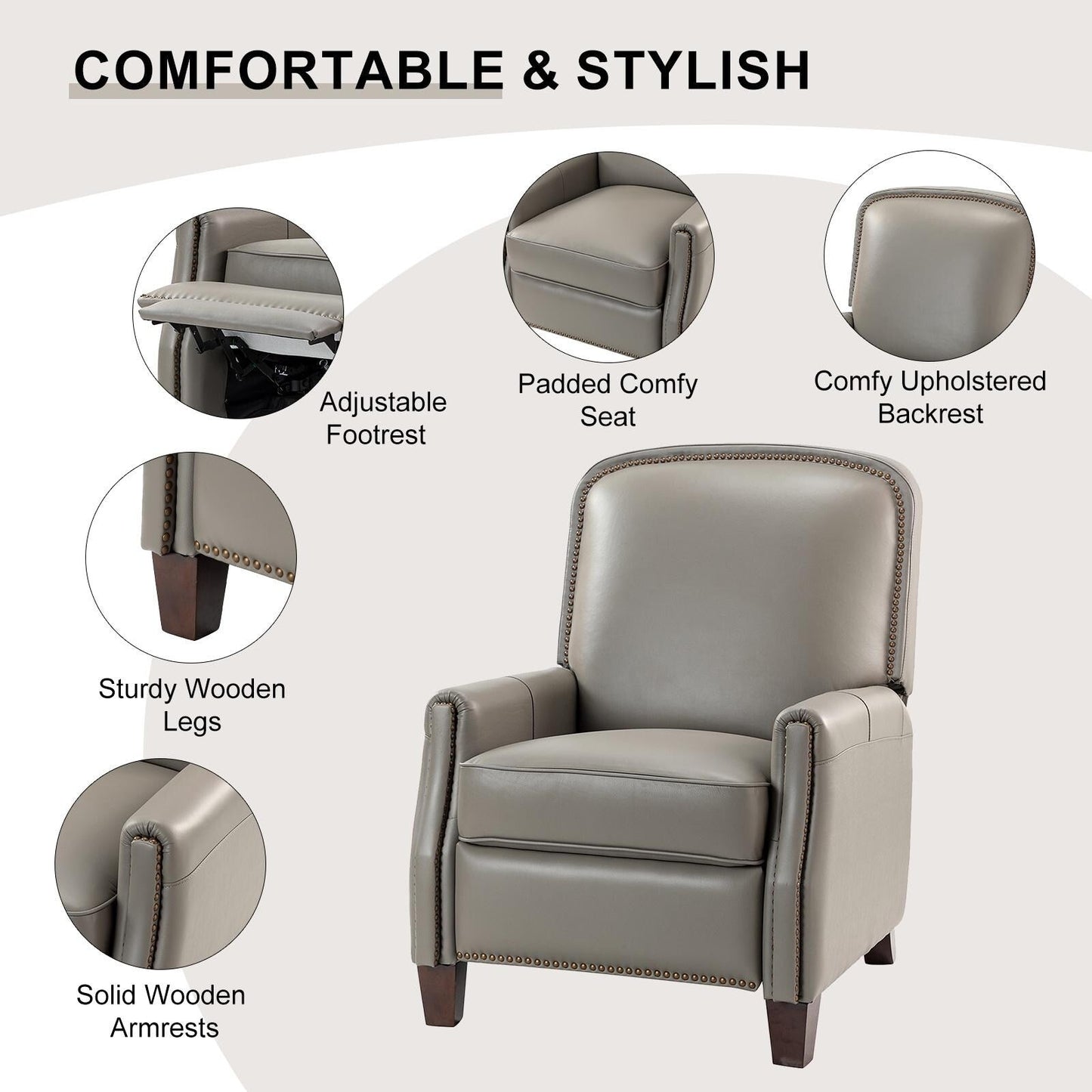 Poltrona reclinabile Gladis Modern Retro in vera pelle con finiture a borchie di HULALA HOME