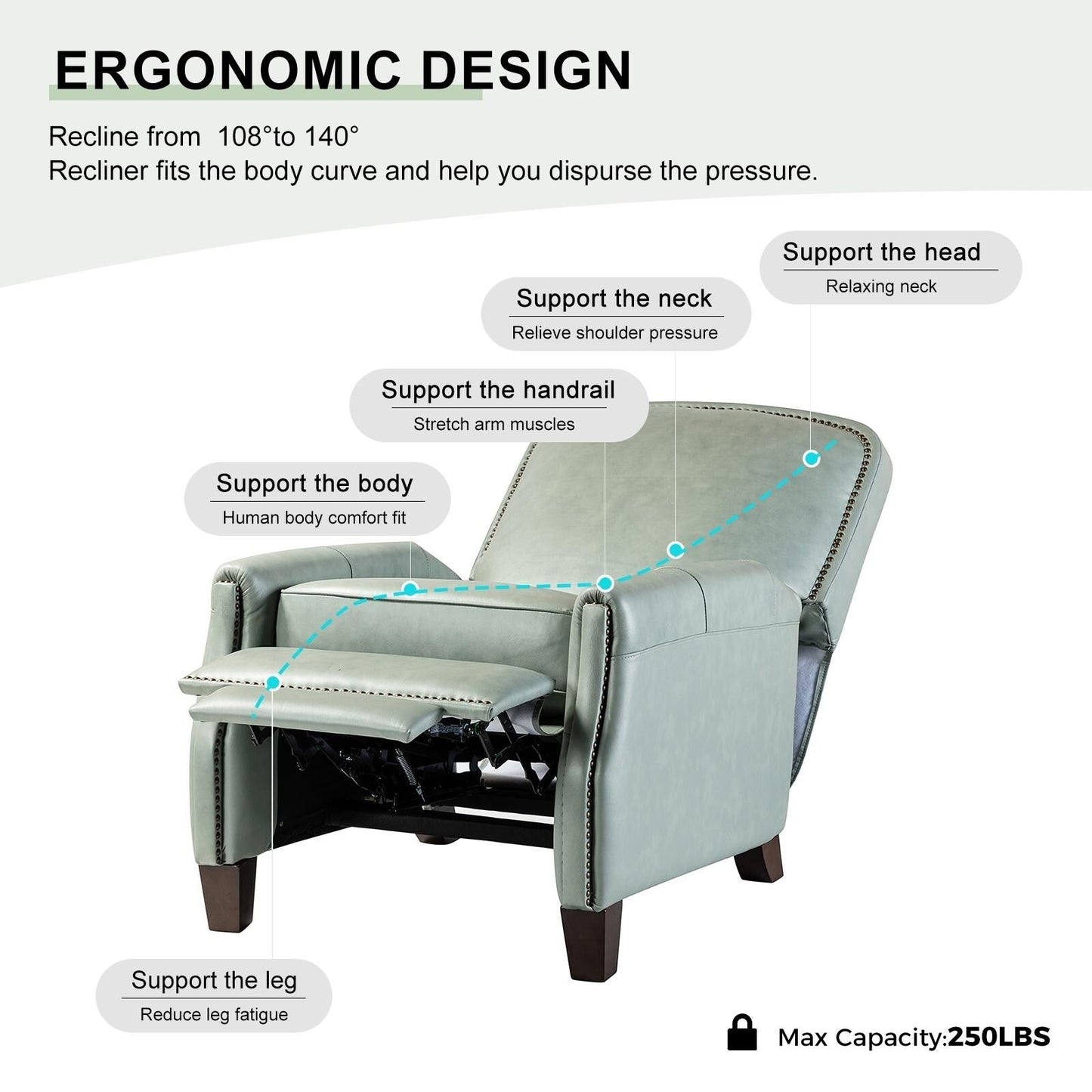 Poltrona reclinabile Gladis Modern Retro in vera pelle con finiture a borchie di HULALA HOME