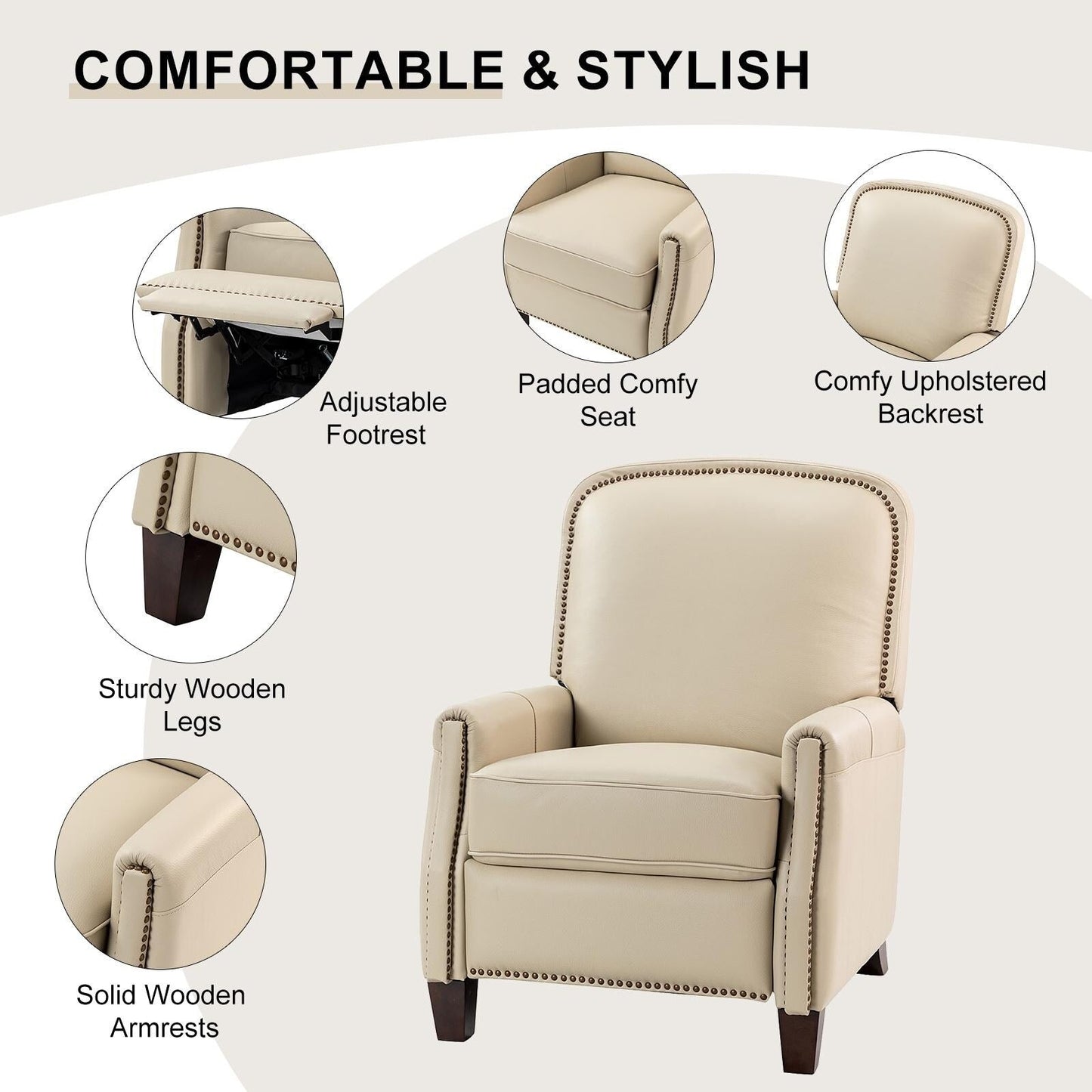 Poltrona reclinabile Gladis Modern Retro in vera pelle con finiture a borchie di HULALA HOME