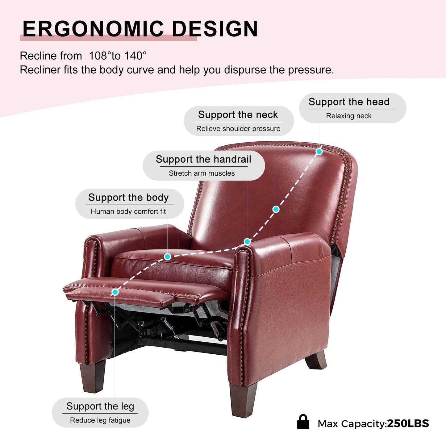 Poltrona reclinabile Gladis Modern Retro in vera pelle con finiture a borchie di HULALA HOME