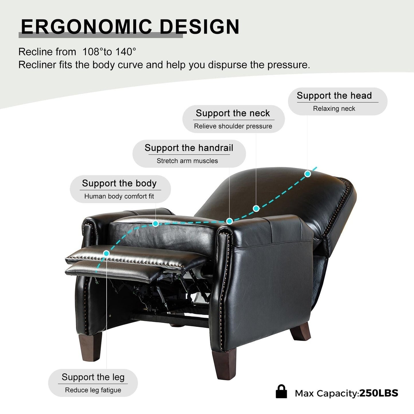 Poltrona reclinabile Gladis Modern Retro in vera pelle con finiture a borchie di HULALA HOME