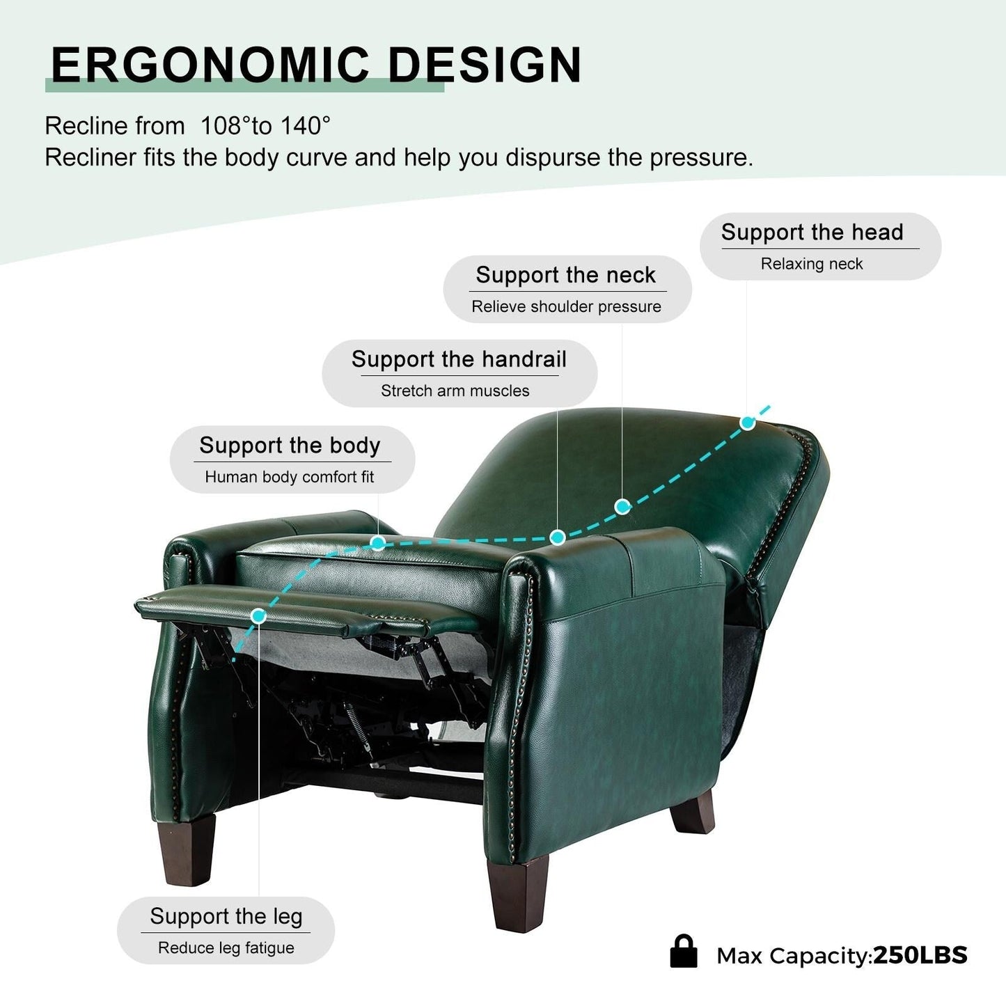 Poltrona reclinabile Gladis Modern Retro in vera pelle con finiture a borchie di HULALA HOME