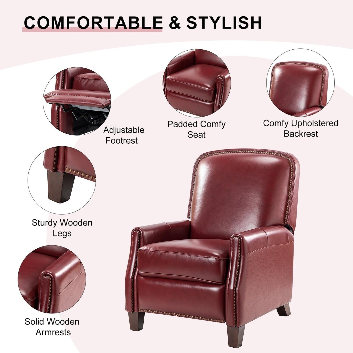 Poltrona reclinabile Gladis Modern Retro in vera pelle con finiture a borchie di HULALA HOME