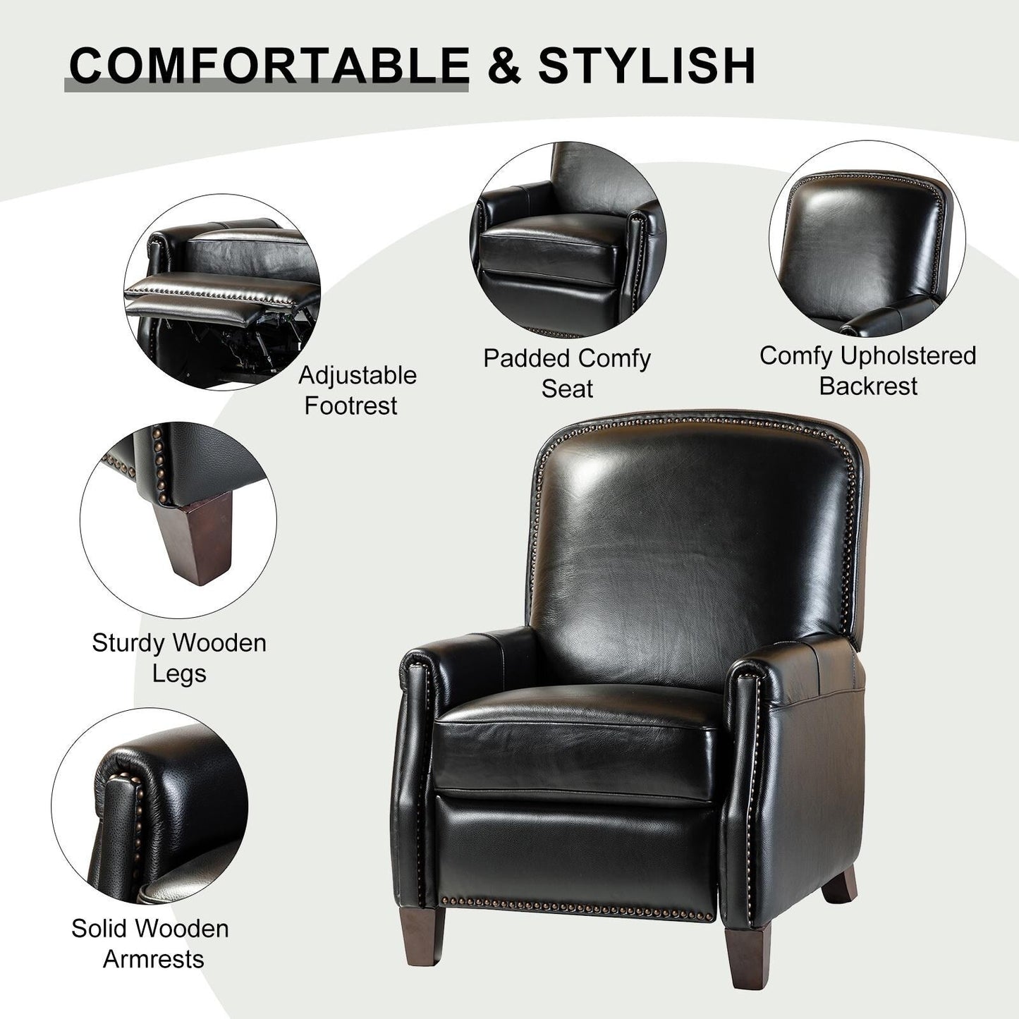 Poltrona reclinabile Gladis Modern Retro in vera pelle con finiture a borchie di HULALA HOME