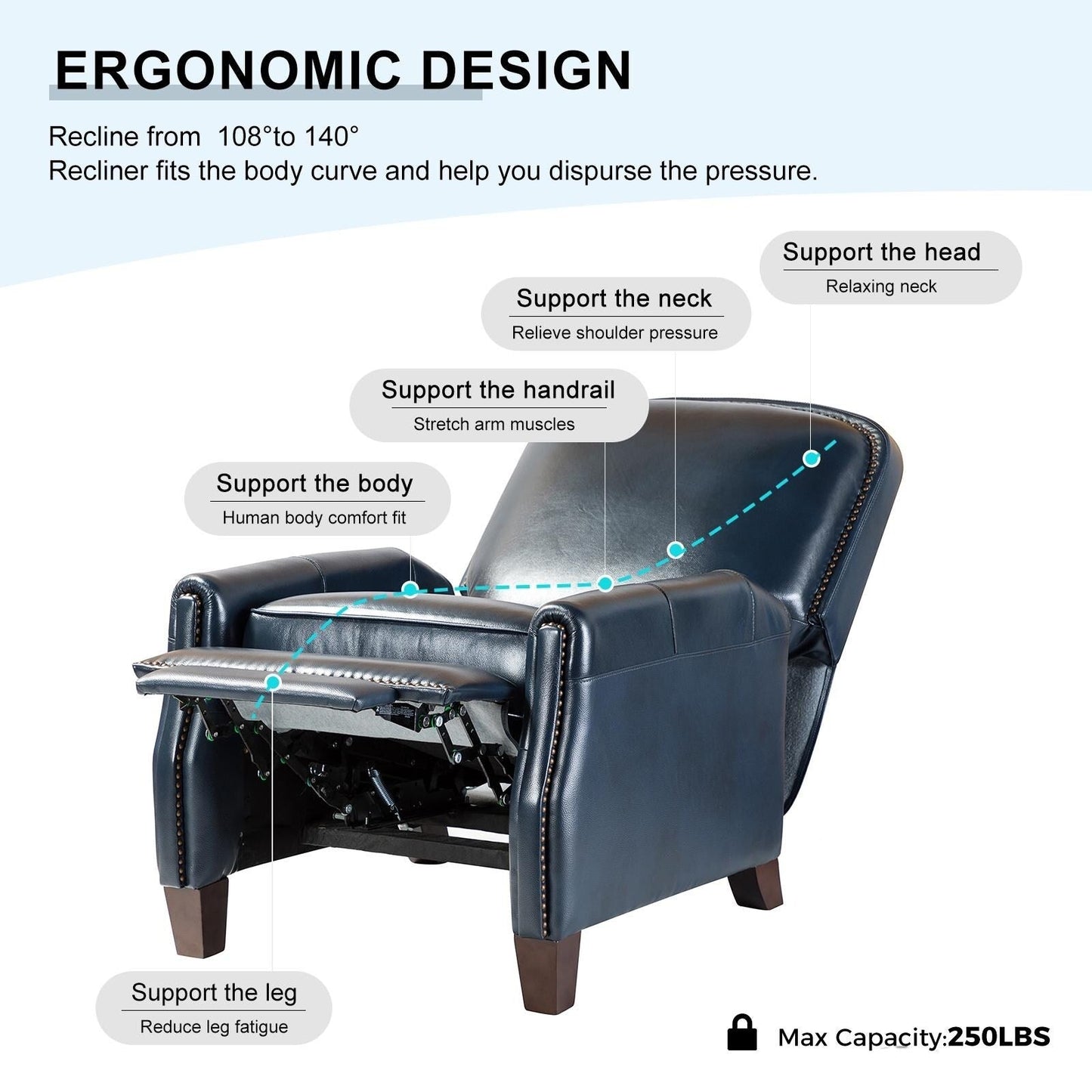 Poltrona reclinabile Gladis Modern Retro in vera pelle con finiture a borchie di HULALA HOME