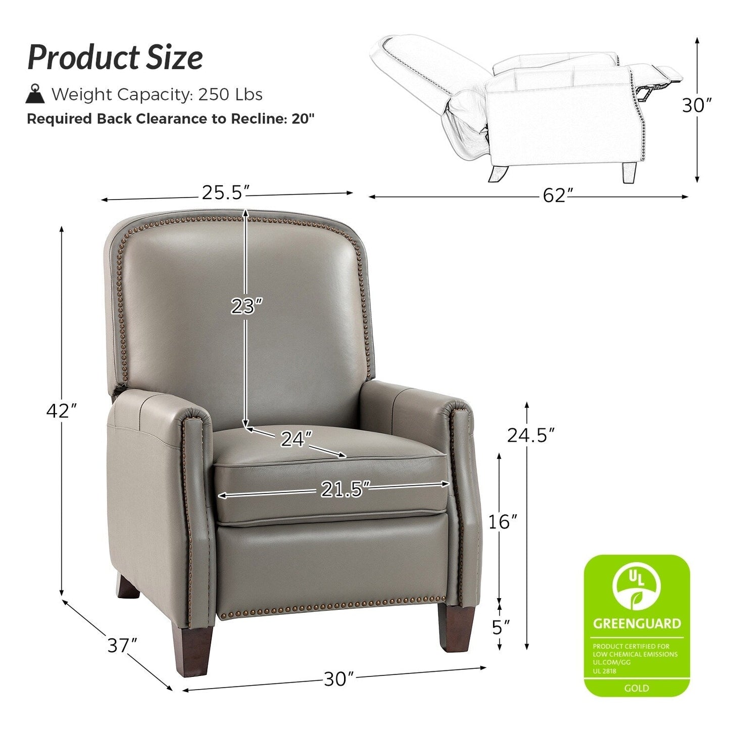 Poltrona reclinabile Gladis Modern Retro in vera pelle con finiture a borchie di HULALA HOME