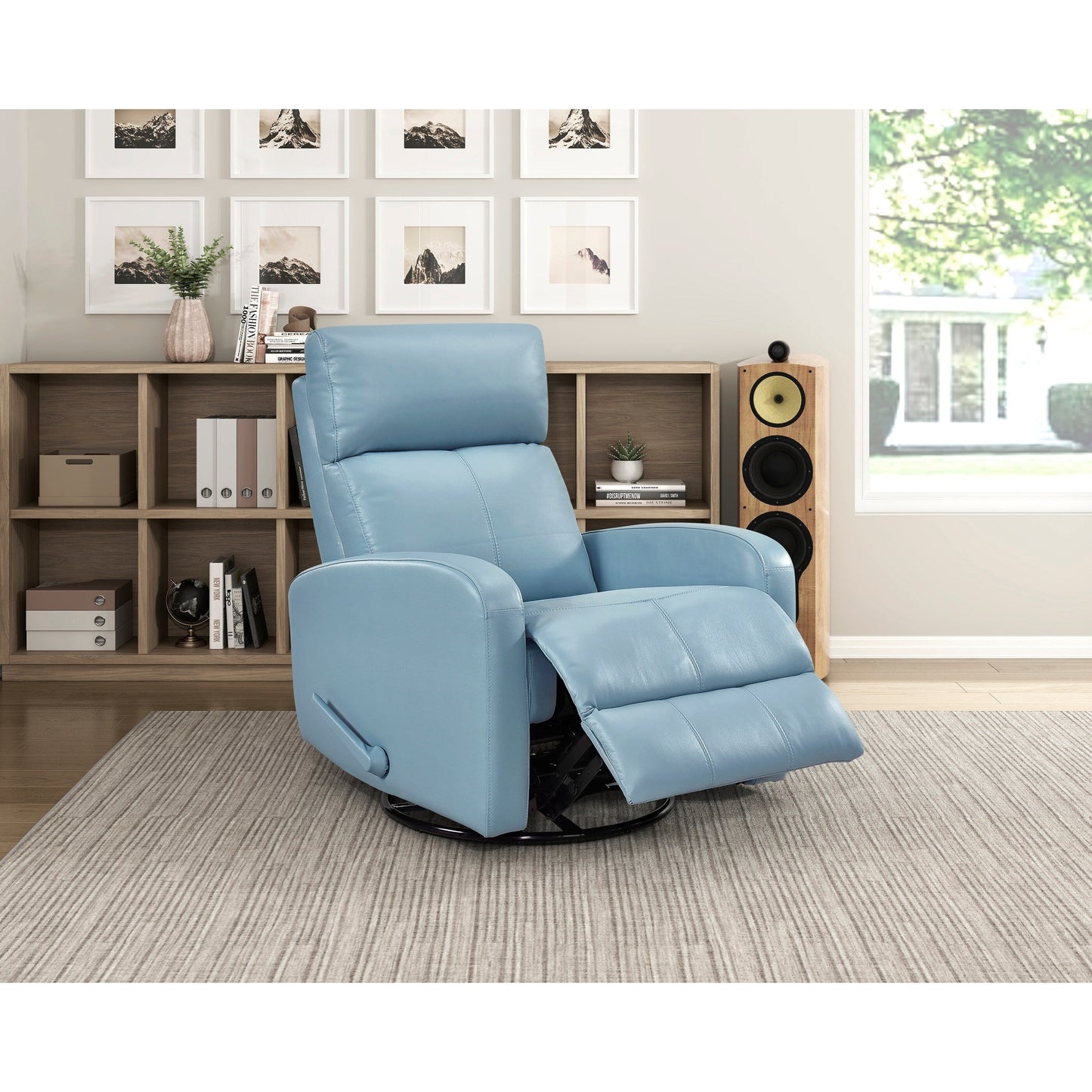 Poltrona reclinabile Glider con movimento girevole, rivestimento in pelle blu, legno massello, comfort, mobili di lusso per soggiorno, 1 pezzo