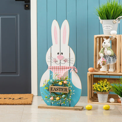 Glitzhome 30H Decorazione per portico con cartello in legno a forma di coniglietto pasquale con ghirlanda