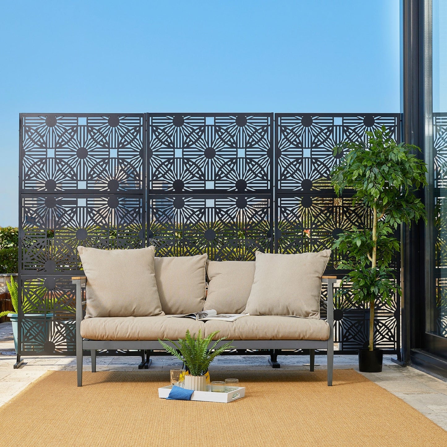 Glitzhome, recinzione divisoria per la privacy a 3 pannelli con motivo floreale zincato da 6 piedi