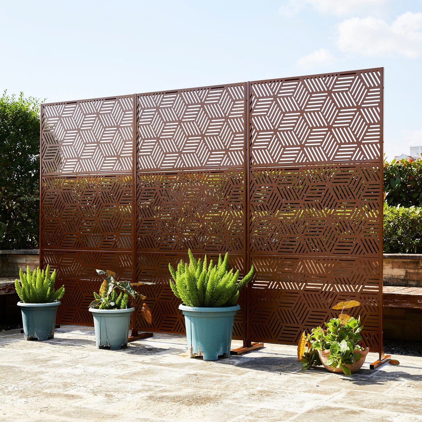 Glitzhome, recinzione divisoria per la privacy a 3 pannelli con motivo floreale zincato da 6 piedi