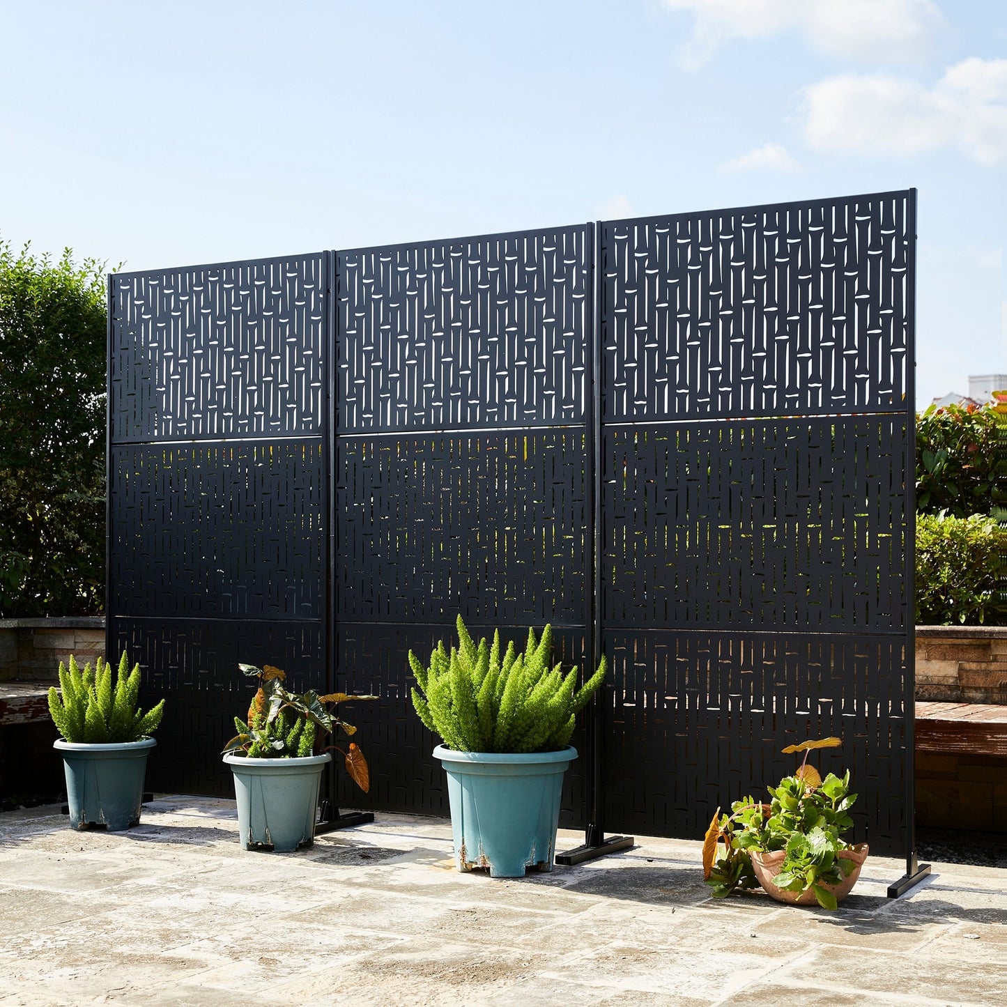 Glitzhome, recinzione divisoria per la privacy a 3 pannelli con motivo floreale zincato da 6 piedi