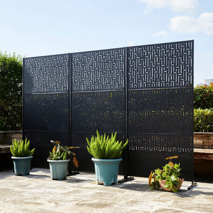 Glitzhome, recinzione divisoria per la privacy a 3 pannelli con motivo floreale zincato da 6 piedi