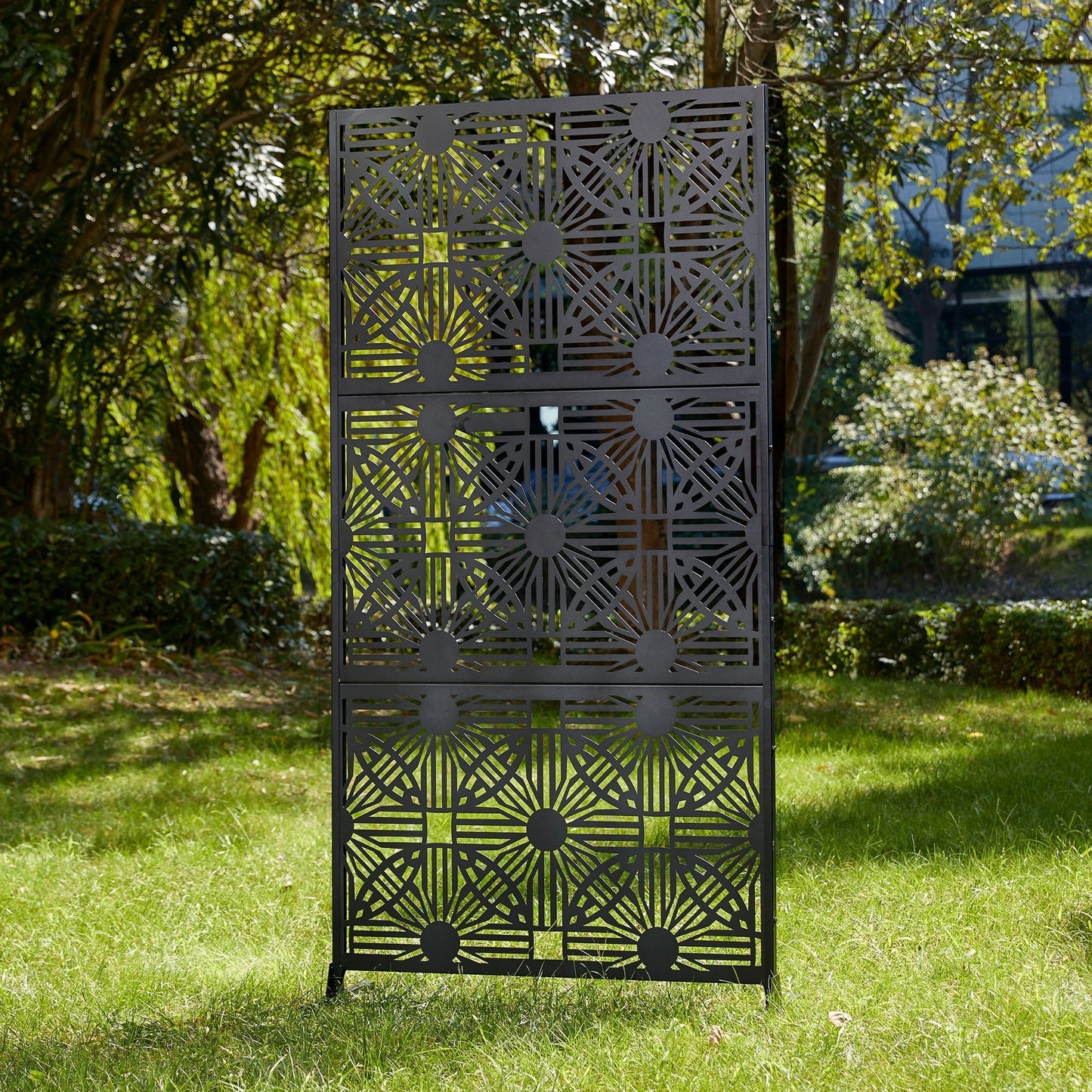 Glitzhome, recinzione divisoria per la privacy a 3 pannelli con motivo floreale zincato da 6 piedi