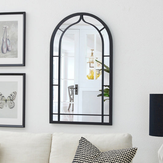 Glitzhome Specchio da parete moderno in metallo nero, rotondo/arcuato, in vetro, per interni