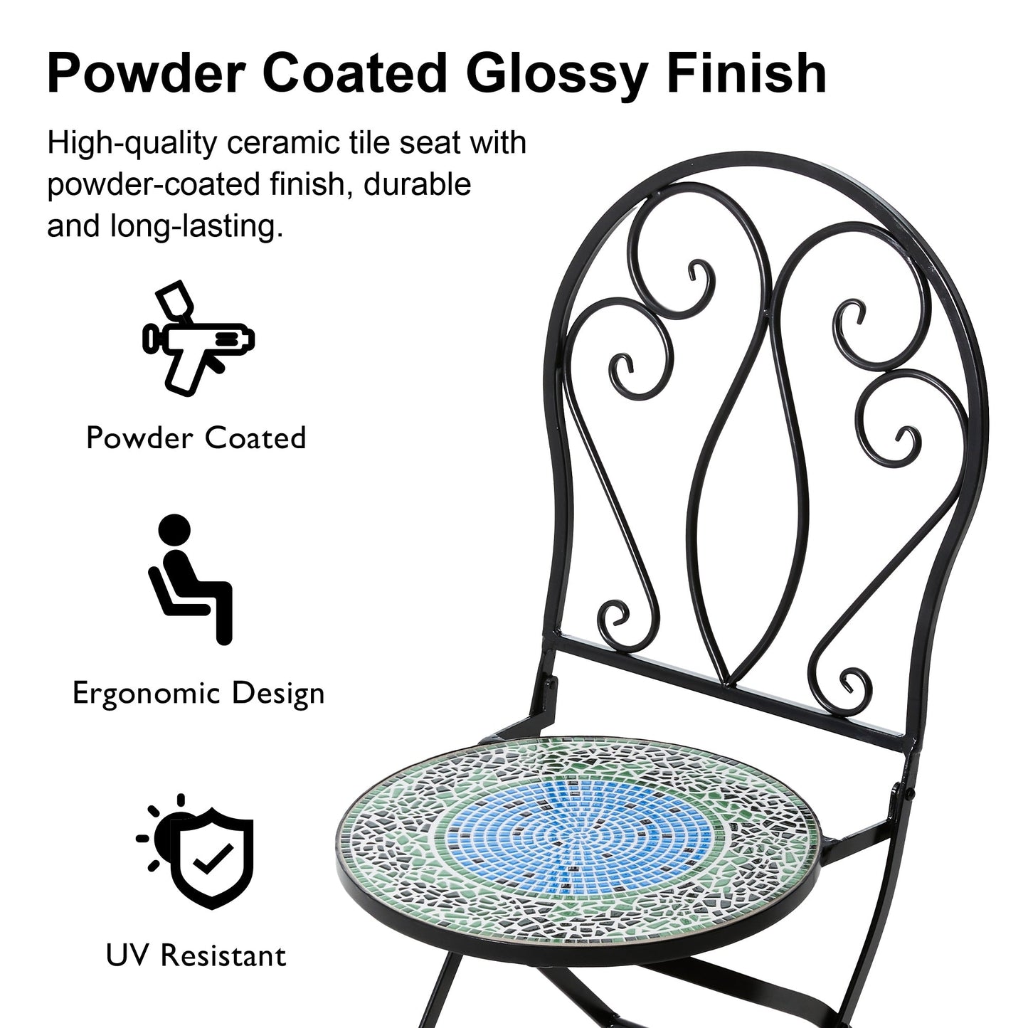 Glitzhome Set da bistrot pieghevole in metallo per esterni, 3 pezzi, tavolo e sedie da patio