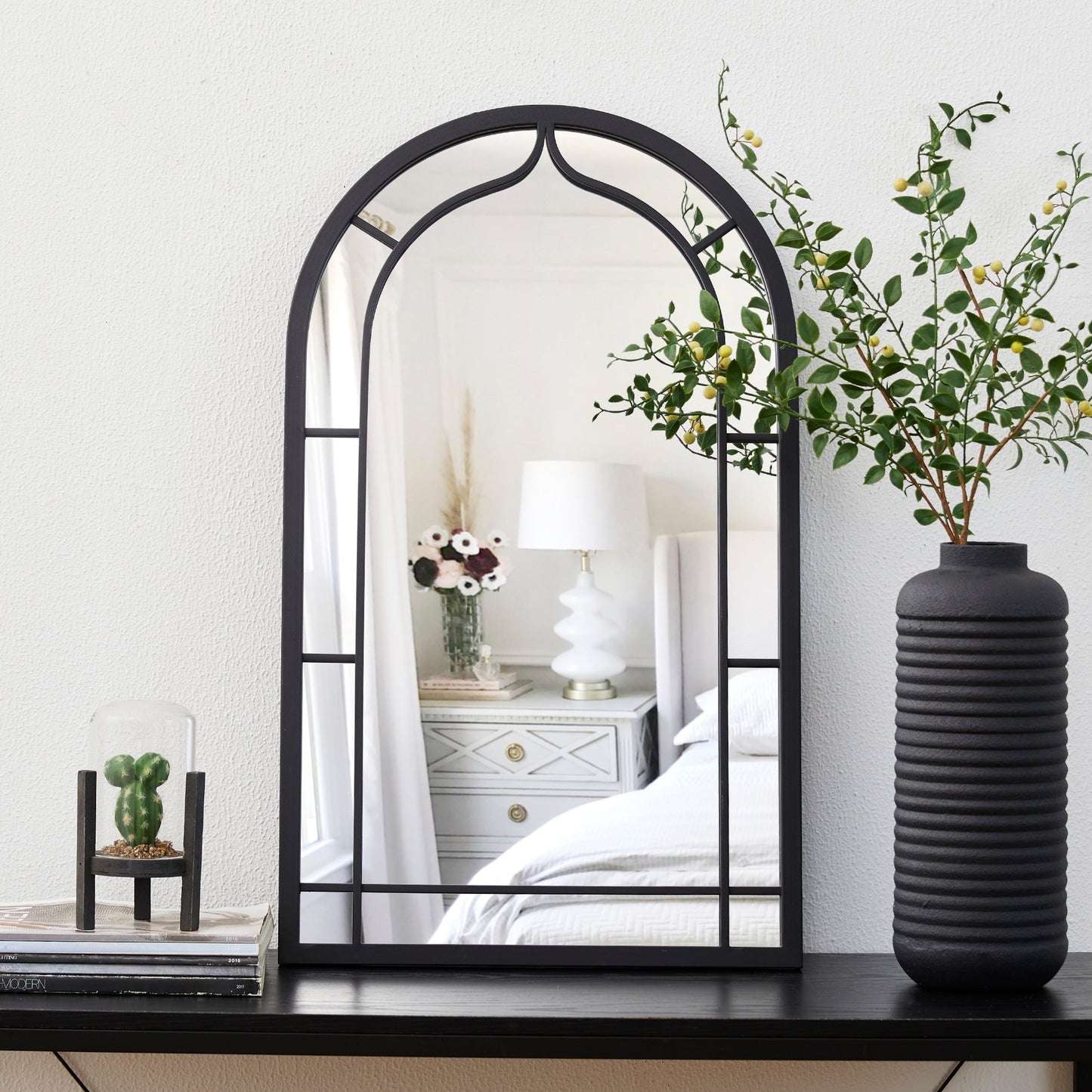 Glitzhome Specchio da parete moderno in metallo nero, rotondo/arcuato, in vetro, per interni