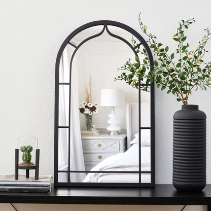 Glitzhome Specchio da parete moderno in metallo nero, rotondo/arcuato, in vetro, per interni